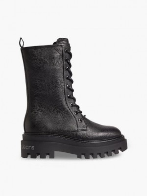 Black Calvin Klein Leather Platform Women Boots | HVEA-97258