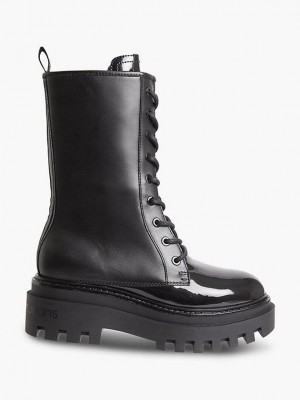 Black Calvin Klein Leather Platform Women Boots | KOJQ-07259