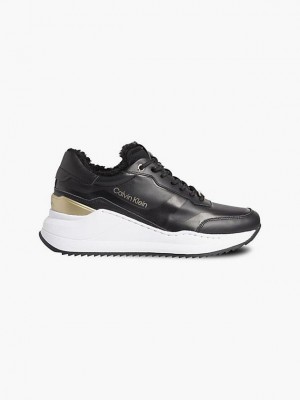 Black Calvin Klein Leather Wedge Women Sneakers | BEYH-50432