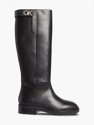 Black Calvin Klein Leather Women Boots | DPVY-30659