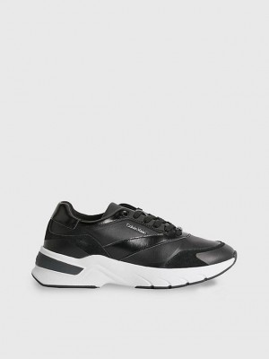Black Calvin Klein Leather Women Sneakers | IYSP-73514