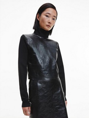 Black Calvin Klein Leather Women Top | JWQX-78493