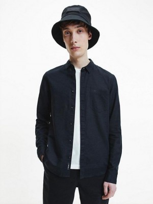 Black Calvin Klein Linen Cotton Men Shirts | ECWR-79285