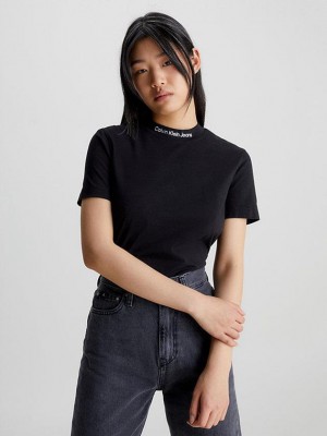 Black Calvin Klein Logo Collar Women T-Shirt | QPLE-36057