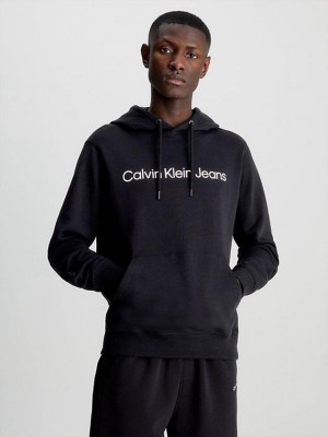 Black Calvin Klein Logo Men Hoodie | QPIU-12036