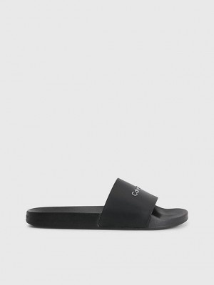 Black Calvin Klein Logo Sliders Men Slippers | EVCU-96814