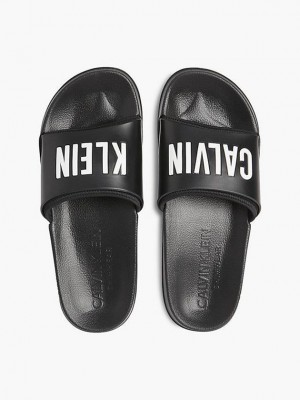 Black Calvin Klein Logo Sliders Men Slippers | BMCS-13608