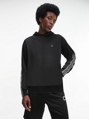 Black Calvin Klein Logo Tape Fleece Men Hoodie | DEJT-18074