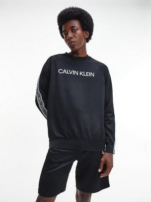 Black Calvin Klein Logo Tape Fleece Men Sweatshirt | HEMX-86374