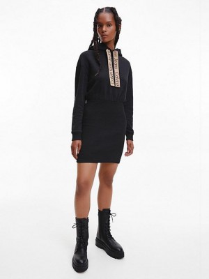 Black Calvin Klein Logo Tape Hooded Sweatshirt Women Dress | HOGP-80415