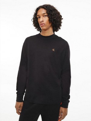 Black Calvin Klein Logo Tape Long Sleeve Men T-Shirt | TKOX-85023