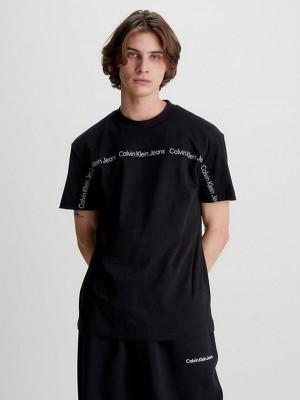 Black Calvin Klein Logo Tape Men T-Shirt | FGLZ-05893