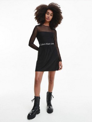 Black Calvin Klein Logo Tape Mesh Skater Women Dress | NFML-30187