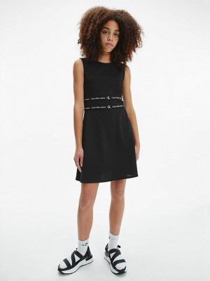 Black Calvin Klein Logo Tape Milano Jersey Girls's Dress | TWRH-73514