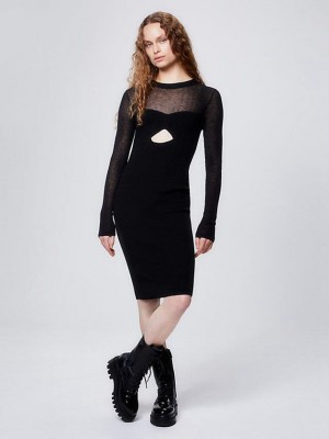 Black Calvin Klein Long Sleeve Knit Midi Women Dress | WRIN-97254