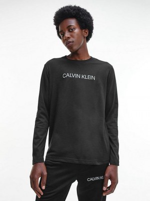 Black Calvin Klein Long Sleeve Logo Gym Men T-Shirt | MXJE-76382