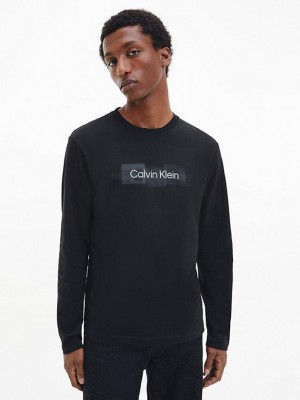 Black Calvin Klein Long Sleeve Logo Men T-Shirt | BOCM-07419
