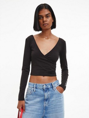 Black Calvin Klein Long Sleeve Wrap Women Top | WFMQ-70948
