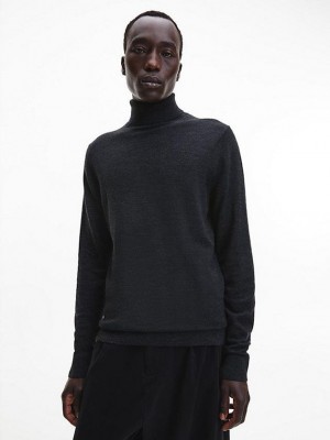 Black Calvin Klein Merino Wool Roll Neck Jumper Men Sweater | HATW-15896