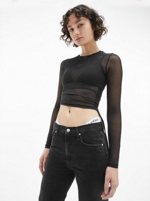 Black Calvin Klein Mesh Drawstring Women Top | AWBC-31827