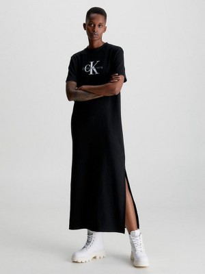 Black Calvin Klein Monogram Maxi T-Shirt Women Dress | DYAL-51068