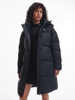 Black Calvin Klein Nylon Belted Puffer Women Coat | KCOS-34260