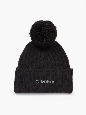 Black Calvin Klein Organic Cotton Blend Pom-Pom Women Beanie | XPMK-97528