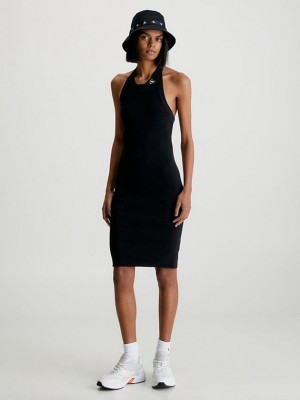 Black Calvin Klein Organic Cotton Halter Neck Women Dress | AGUV-28174