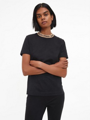 Black Calvin Klein Organic Cotton Logo Collar Women T-Shirt | NVSB-57931