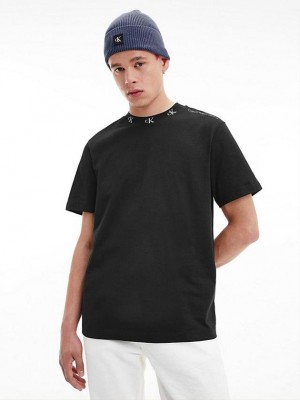 Black Calvin Klein Organic Cotton Logo Collar Men T-Shirt | RQLH-68409