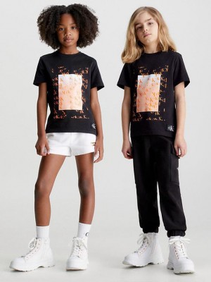 Black Calvin Klein Organic Cotton Logo Girls's T-Shirt | BIXF-83760