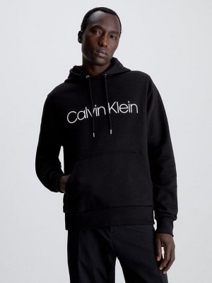Black Calvin Klein Organic Cotton Logo Men Hoodie | IQRE-17495