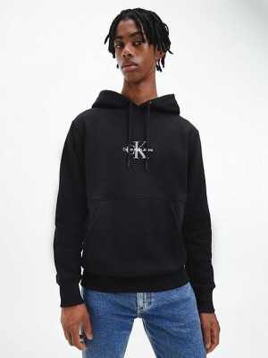 Black Calvin Klein Organic Cotton Monogram Men Hoodie | ENAM-53827