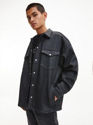 Black Calvin Klein Oversized Coated Denim Shirt Men Jacket | QHZO-68752