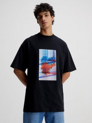 Black Calvin Klein Oversized Embroidered Men T-Shirt | NXQM-69315