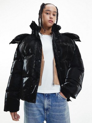 Black Calvin Klein Oversized Shiny Puffer Women Jacket | BUDE-16945