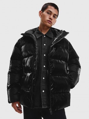 Black Calvin Klein Oversized Shiny Puffer Men Jacket | GZAP-72306