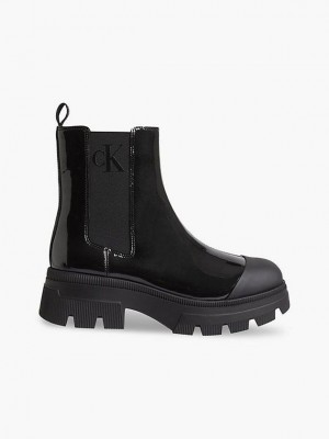 Black Calvin Klein Patent Chunky Chelsea Women Boots | XWPM-14936