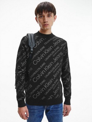 Black Calvin Klein Recycled All-Over Logo Jumper Men Sweater | HAFI-09135