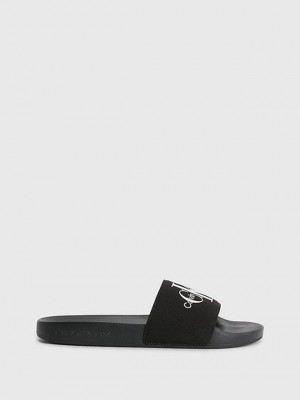 Black Calvin Klein Recycled Canvas Sliders Women Slippers | LONK-18094