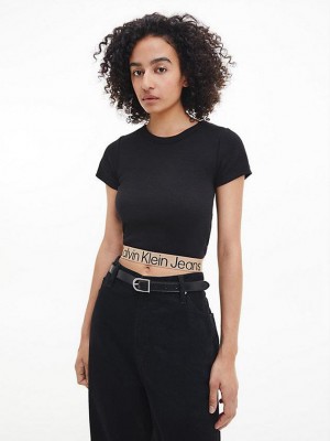 Black Calvin Klein Recycled Cotton Logo Tape Women T-Shirt | RPCG-93514