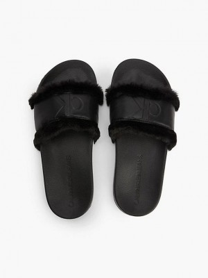 Black Calvin Klein Recycled Faux Fur Sliders Women Slippers | ASCK-39756