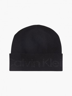 Black Calvin Klein Recycled Logo Men Beanie | ZQYM-03146