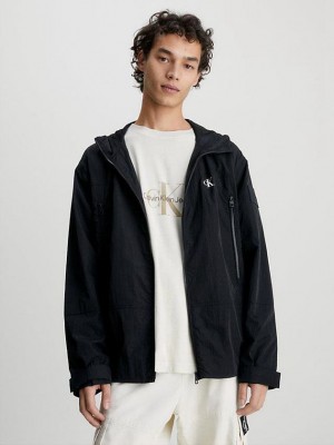 Black Calvin Klein Recycled Nylon Hooded Windbreaker Men Jacket | KEDU-65179
