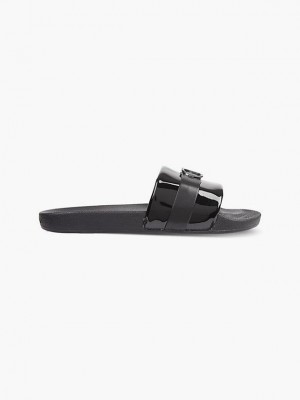 Black Calvin Klein Recycled Patent Logo Sliders Women Slippers | TFPR-21805