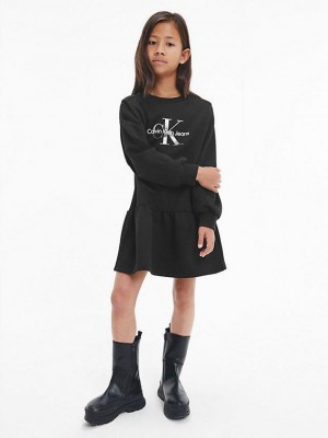 Black Calvin Klein Recycled Polyester Flared Logo Girls's Dress | NHGV-59126