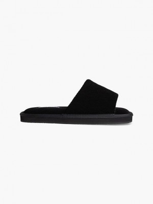 Black Calvin Klein Recycled Velvet Logo Women Slippers | ZGCX-03562