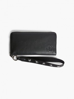 Black Calvin Klein Recycled Zip Around With Strap Women Wallet | NFKW-70319