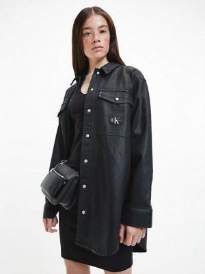 Black Calvin Klein Relaxed Coated Denim Shirt Women Jacket | MCRO-32948