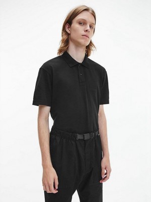 Black Calvin Klein Relaxed Cotton Piqué Men Polo Shirt | HIZN-54309